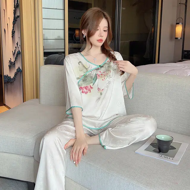 宫蝶 新中式系列 冰丝薄款半袖家居服中国风长裤睡衣套装 女款 杏色