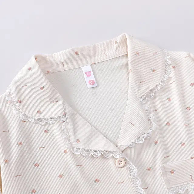 宫蝶 家居服三件套小清新可外穿休闲甜美风睡衣套装 女款 奶杏色