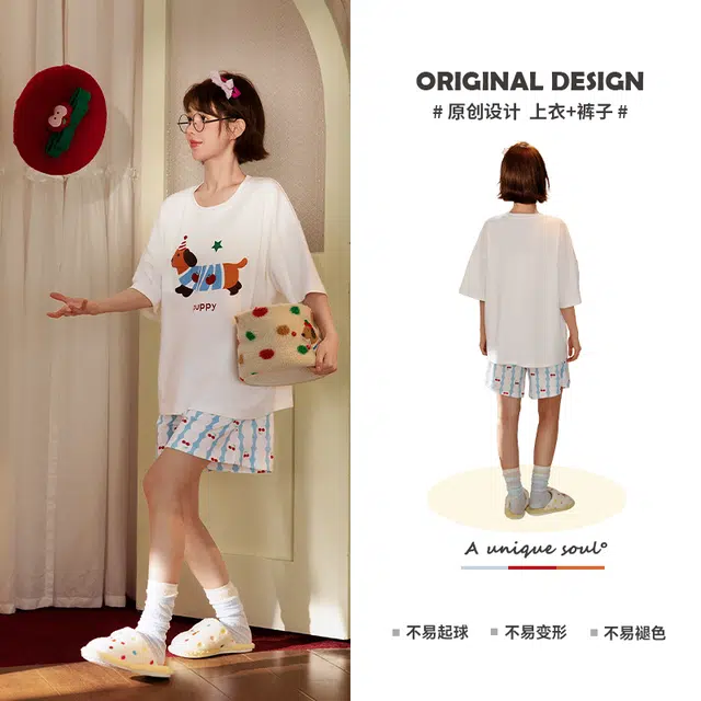 宫蝶 腊肠狗短袖纯棉卡通家居服休闲可外穿舒适甜美风三分裤夏季睡衣套装 女款 礼盒装