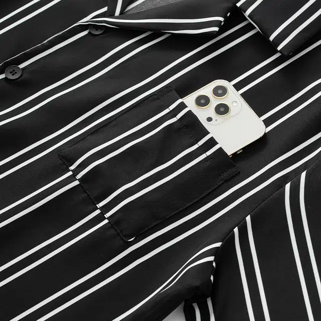 宫蝶 冰丝短袖家居服休闲复古风可外穿大码条纹开衫薄款睡衣套装 男款