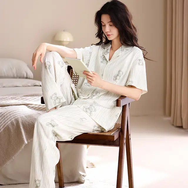 宫蝶 纯棉短袖卡通甜美风家居服可外穿休闲开衫长裤睡衣套装 女款 白色