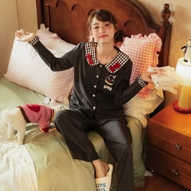 宫蝶 小企鹅纯棉长袖卡通家居服宽松休闲可外穿开衫睡衣套装 女款