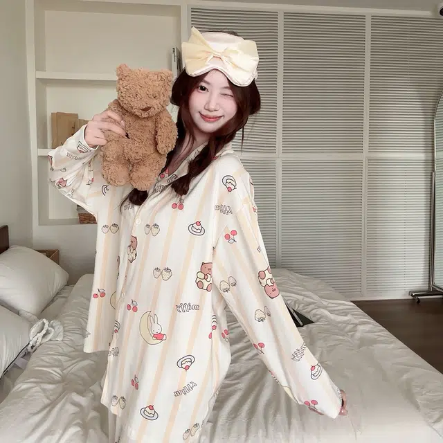 宫蝶 米菲纯棉长袖家居服卡通满印甜美风开衫宽松休闲可外穿睡衣套装 女款 礼盒装
