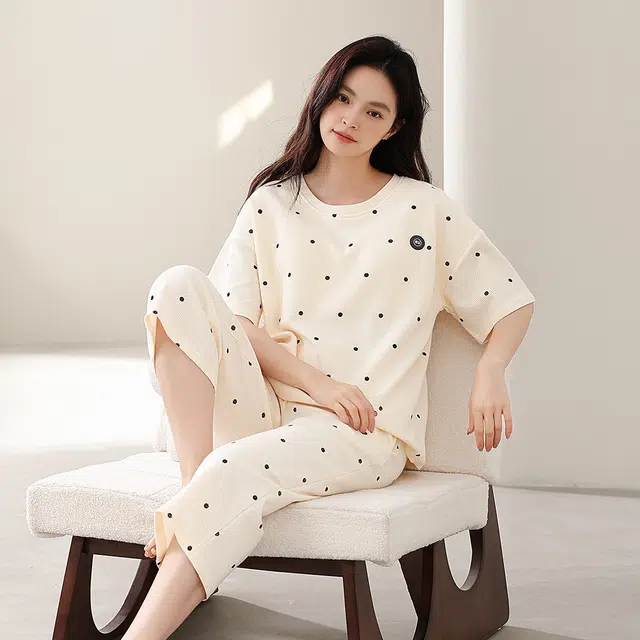 宫蝶 短袖七分裤家居服可外穿休闲简约时尚睡衣套装 女款 杏色