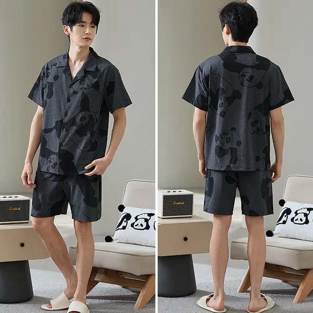 宫蝶 短袖舒适休闲家居服复古风开衫可外穿睡衣套装 男款 深灰色