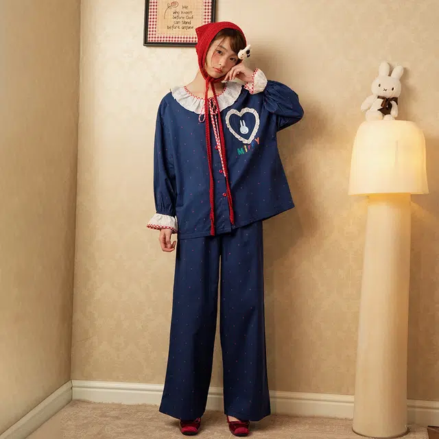 宫蝶 米菲纯棉长袖卡通家居服宽松休闲可外穿开衫甜美风睡衣套装 女款 礼盒装