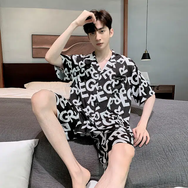 宫蝶 短袖冰丝薄款家居服字母满印休闲可外穿睡衣套装 男款 黑色