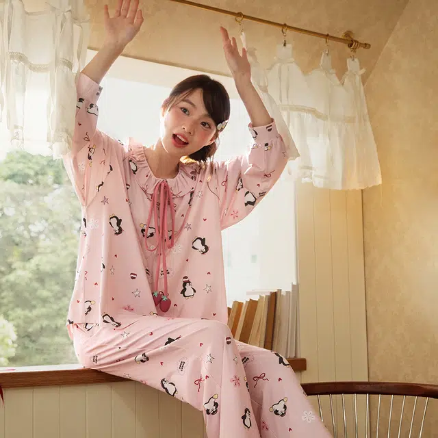 宫蝶 小企鹅长袖纯棉卡通满印家居服休闲可外穿宽松开衫睡衣套装 女款