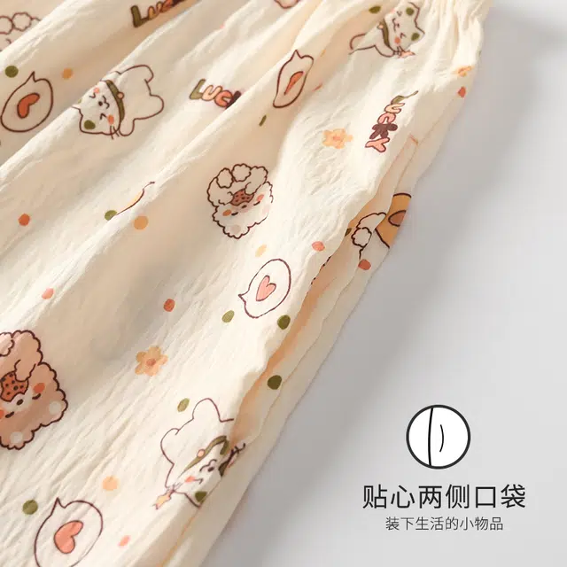 宫蝶 开衫柔软云朵棉卡通满印短袖家居服休闲可外穿睡衣套装 女款 杏色