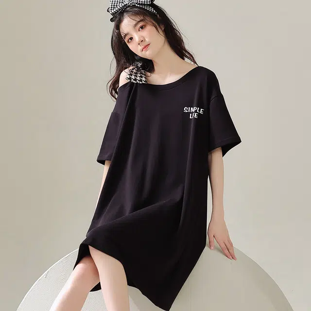 宫蝶 舒适纯色休闲短袖家居服可外穿睡裙 女款 黑色