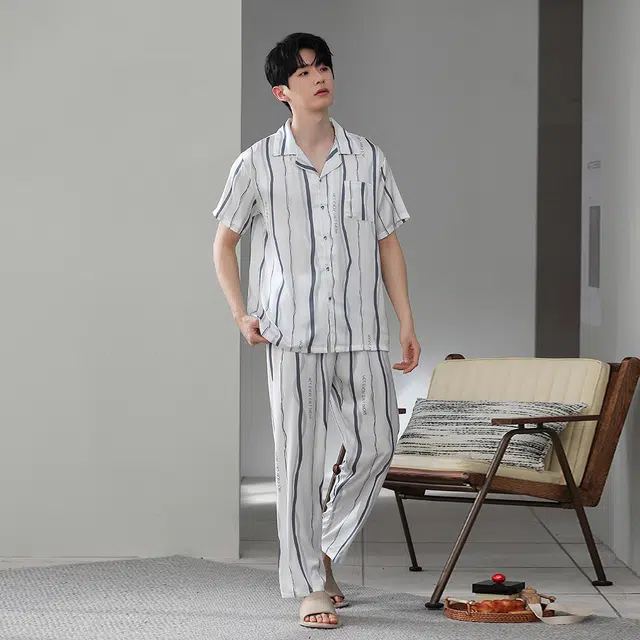 宫蝶 东南亚风情系列 冰丝短袖长裤度假风可外穿家居服条纹开衫薄款休闲大码睡衣套装 男款 白色