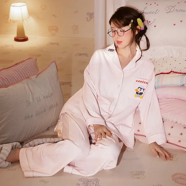 宫蝶 小企鹅长袖纯棉家居服卡通休闲开衫可外穿宽松睡衣套装 男女同款