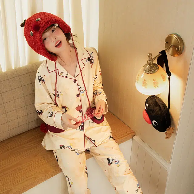 宫蝶 抗菌纯棉卡通长袖家居服可外穿宽松休闲开衫睡衣套装 女款