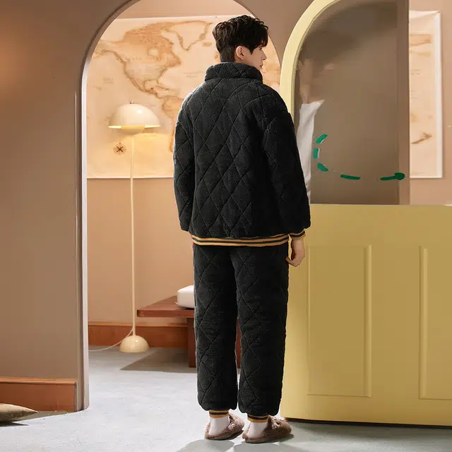 宫蝶 冬季三层夹棉保暖珊瑚绒加厚家居服冬季可外穿休闲睡衣套装 男款 深灰色