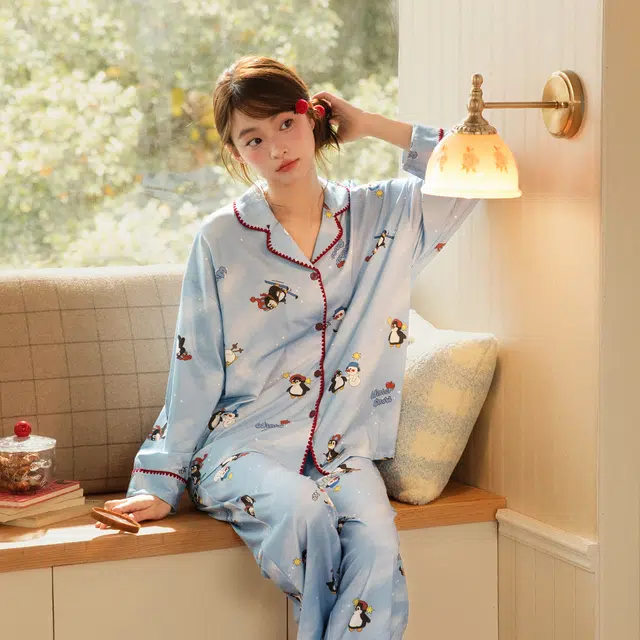 宫蝶 纯棉卡通长袖家居服抗菌可外穿宽松休闲开衫睡衣套装 女款