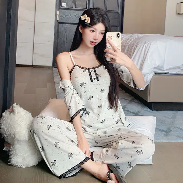宫蝶 甜美风简约三件套家居服柔软七分袖休闲可外穿带胸垫小清新无袖吊带薄款夏季睡衣套装 女款
