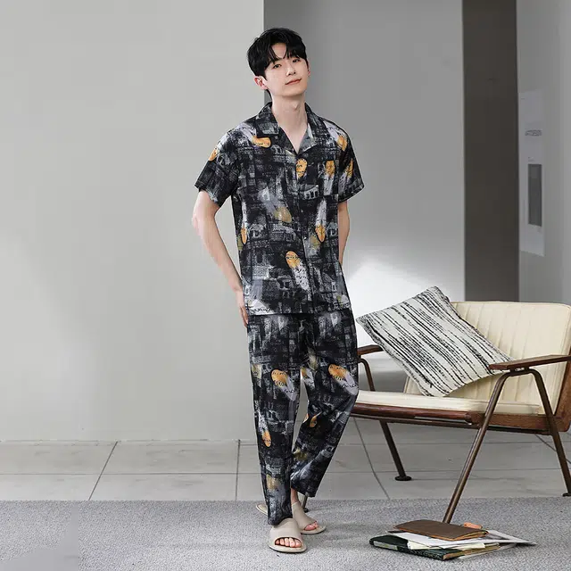 宫蝶 东南亚风情系列 冰丝短袖长裤度假风可外穿家居服条纹开衫薄款休闲大码睡衣套装 男款 黑色