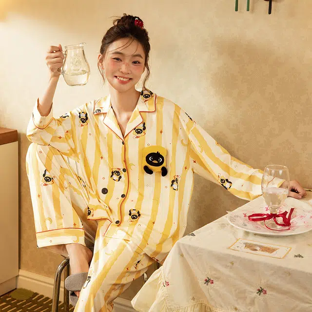 宫蝶 小企鹅纯棉长袖卡通家居服宽松休闲可外穿条纹开衫睡衣套装 女款