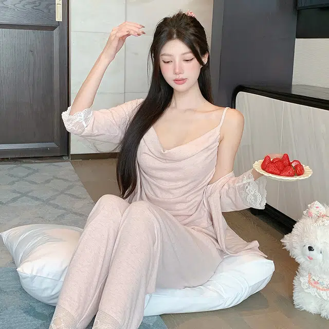 宫蝶 甜美风简约三件套七分袖家居服柔软休闲可外穿带胸垫小清新无袖吊带薄款夏季睡衣套装 女款