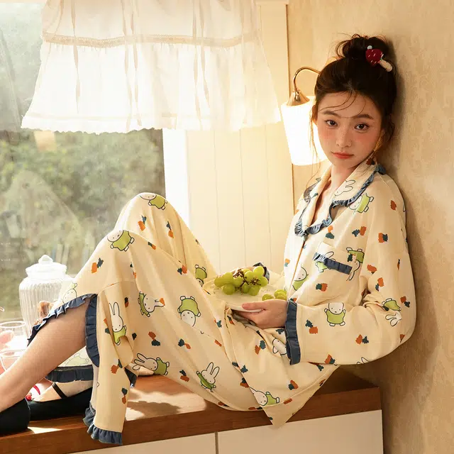 宫蝶 米菲长袖纯棉卡通满印家居服可外穿宽松休闲舒适开衫睡衣套装 女款 礼盒装