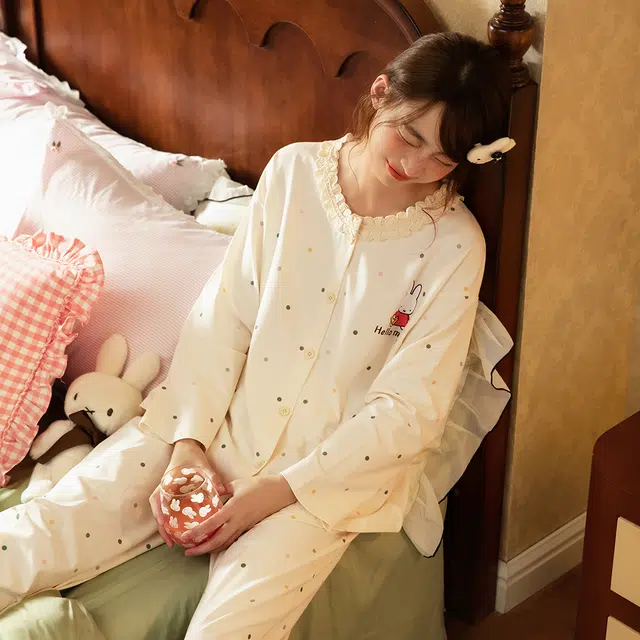 宫蝶 米菲长袖纯棉甜美风卡通家居服休闲可外穿宽松开衫睡衣套装 女款 礼盒装
