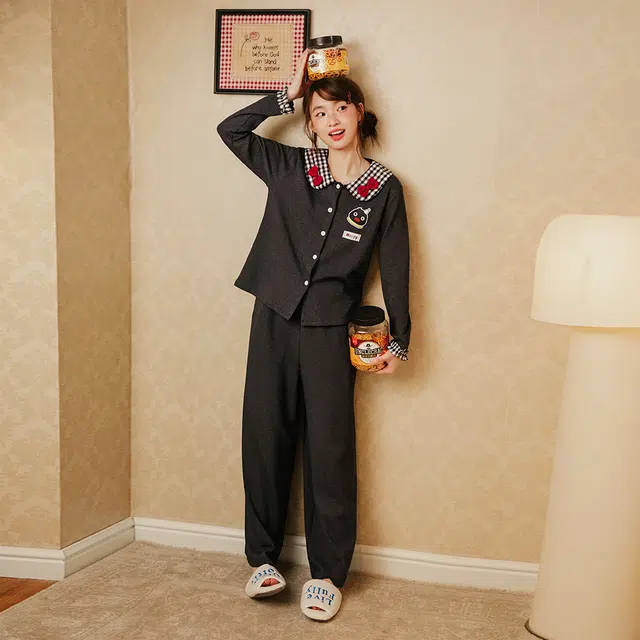 宫蝶 小企鹅纯棉长袖卡通家居服宽松休闲可外穿开衫睡衣套装 女款