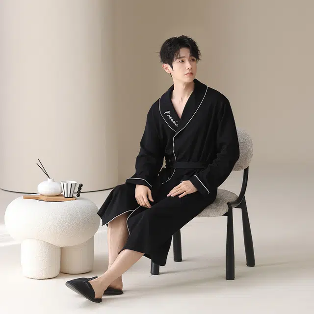 宫蝶 简约风柔软长袖纯棉开衫宽松休闲家居服可外穿睡袍 男款