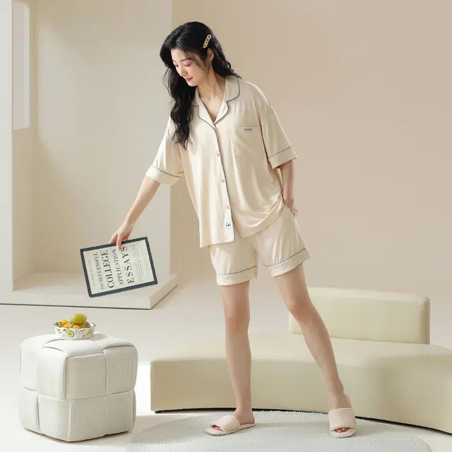 宫蝶 短袖莫代尔简约家居服可外穿休闲大码柔软睡衣套装 女款 杏色