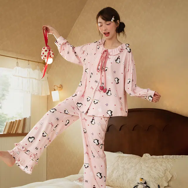 宫蝶 小企鹅长袖纯棉卡通满印家居服休闲可外穿宽松开衫睡衣套装 女款