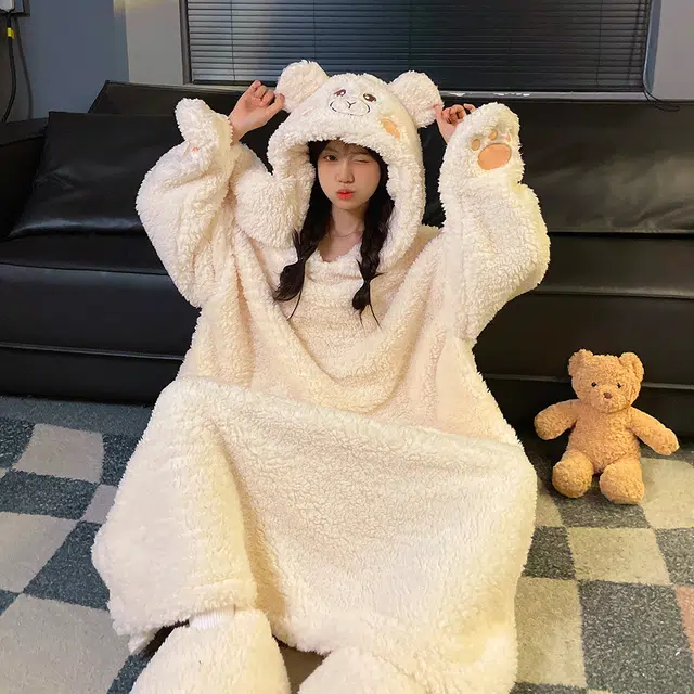 宫蝶 蓄温卡通家居服保暖可外穿可爱睡袍/浴袍 女款 白色