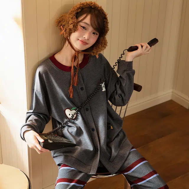 宫蝶 小企鹅纯棉长袖家居服宽松卡通休闲可外穿开衫睡衣套装 女款