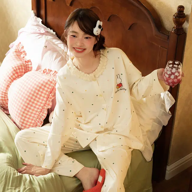 宫蝶 米菲长袖纯棉甜美风卡通家居服休闲可外穿宽松开衫睡衣套装 女款 礼盒装