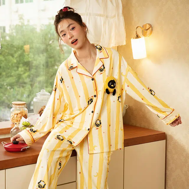 宫蝶 小企鹅纯棉长袖卡通家居服宽松休闲可外穿条纹开衫睡衣套装 女款