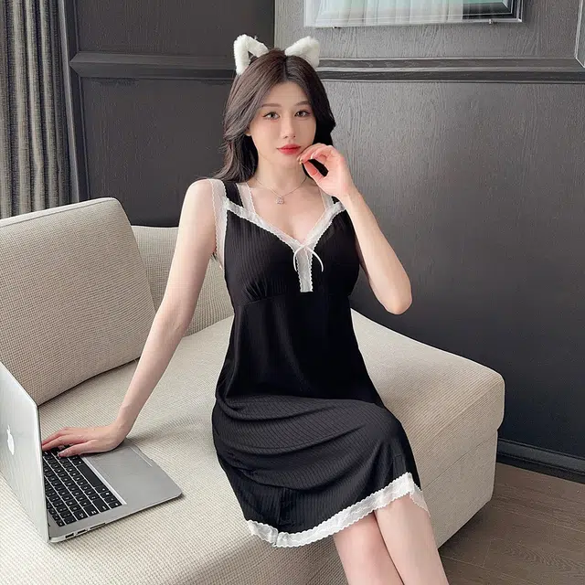 宫蝶 莫代尔无袖睡衣家居服纯色柔软舒适型睡裙 女款