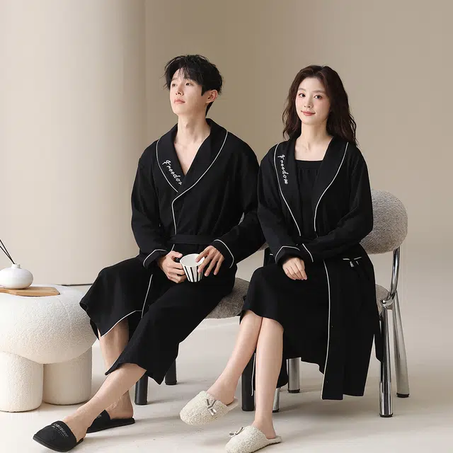 宫蝶 简约风柔软长袖纯棉开衫宽松休闲家居服可外穿睡袍 男款