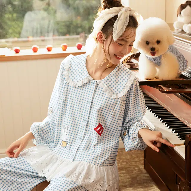 宫蝶 米菲纯棉长袖甜美风家居服卡通休闲格子可外穿宽松开衫睡衣套装 女款 礼盒装