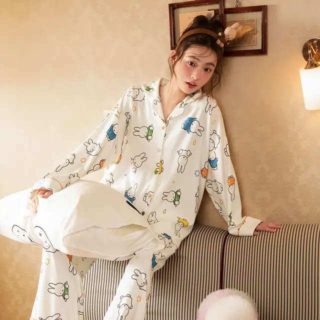 宫蝶 米菲纯棉长袖舒适家居服卡通满印休闲可外穿宽松开衫睡衣套装 女款 礼盒装