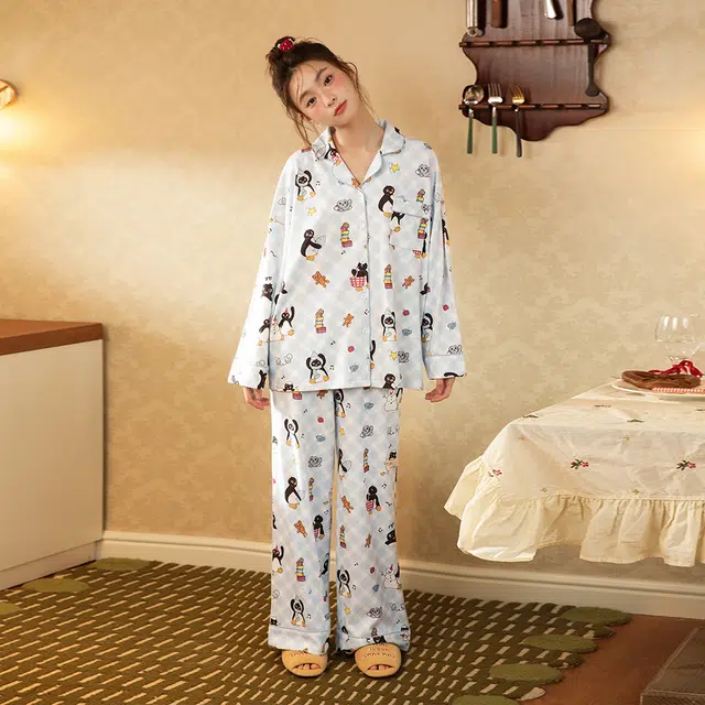 宫蝶 小企鹅纯棉长袖可爱家居服卡通休闲可外穿宽松开衫睡衣套装 女款