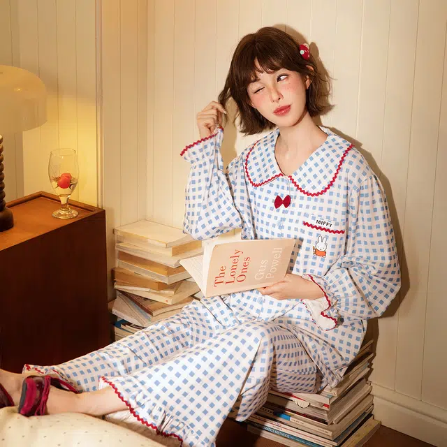 宫蝶 米菲纯棉长袖抗菌卡通家居服休闲格子开衫宽松可外穿睡衣套装 女款 礼盒装