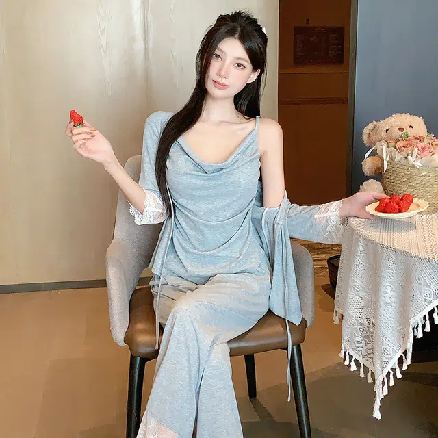 宫蝶 甜美风简约三件套七分袖家居服柔软休闲可外穿带胸垫小清新无袖吊带薄款夏季睡衣套装 女款