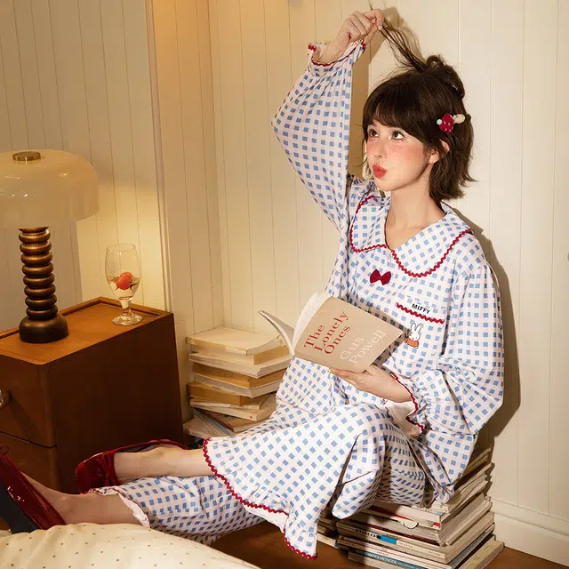 宫蝶 米菲纯棉长袖抗菌卡通家居服休闲格子开衫宽松可外穿睡衣套装 女款 礼盒装