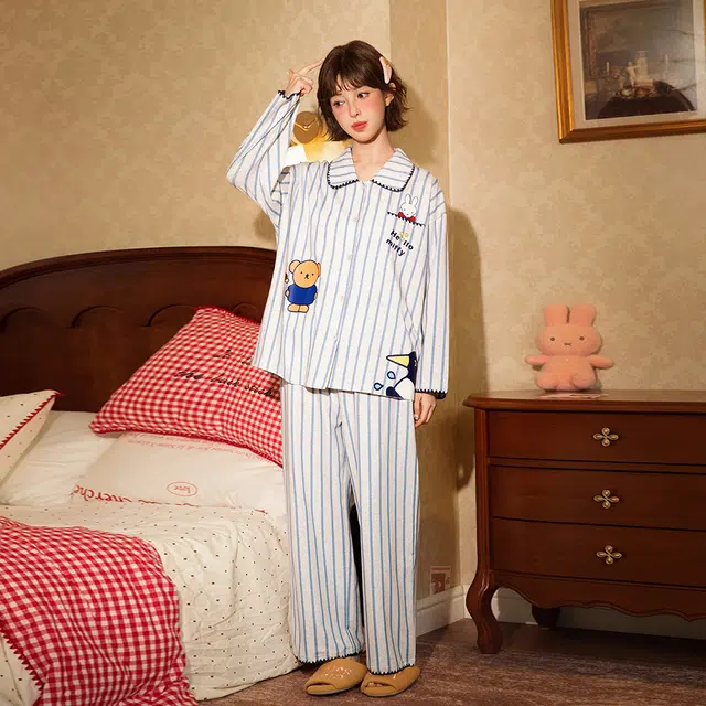 宫蝶 米菲纯棉长袖家居服条纹开衫卡通满印休闲可外穿宽松睡衣套装 女款 礼盒装