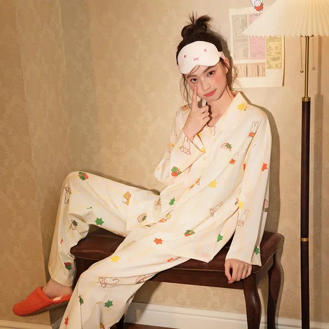 宫蝶 米菲长袖抗菌纯棉卡通家居服宽松休闲开衫可外穿睡衣套装 女款 礼盒装