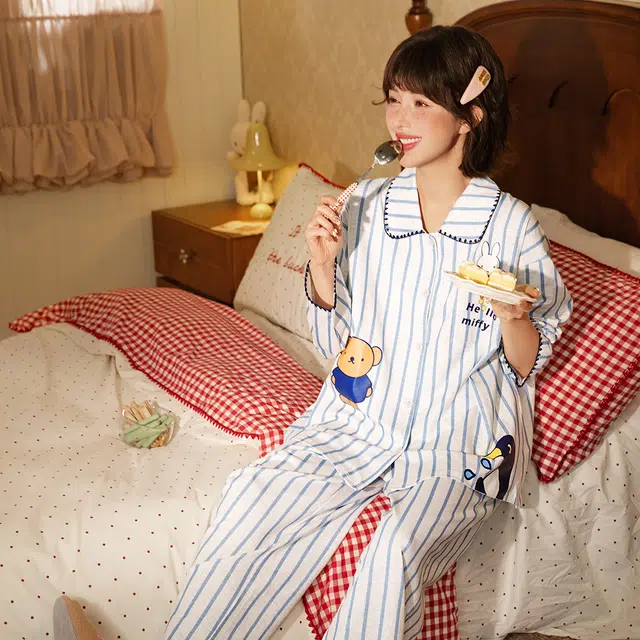 宫蝶 米菲纯棉长袖家居服条纹开衫卡通满印休闲可外穿宽松睡衣套装 女款 礼盒装