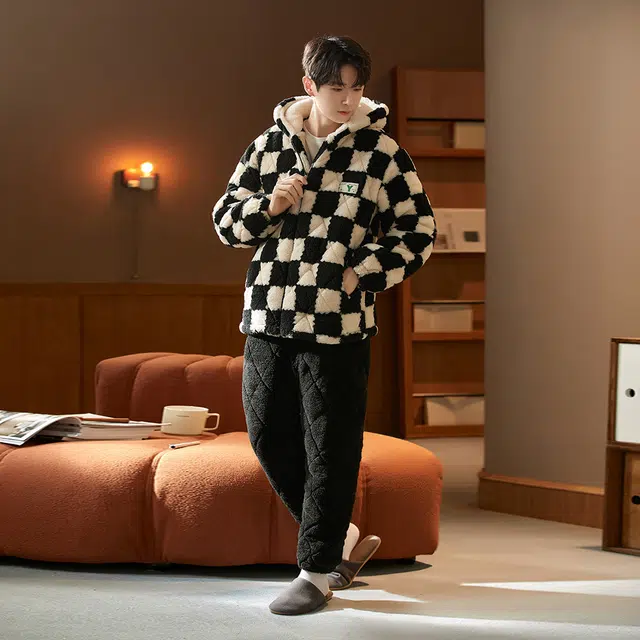 宫蝶 冬季三层夹棉珊瑚绒加厚睡衣家居服保暖简约格子冬季睡衣套装 男款 黑色