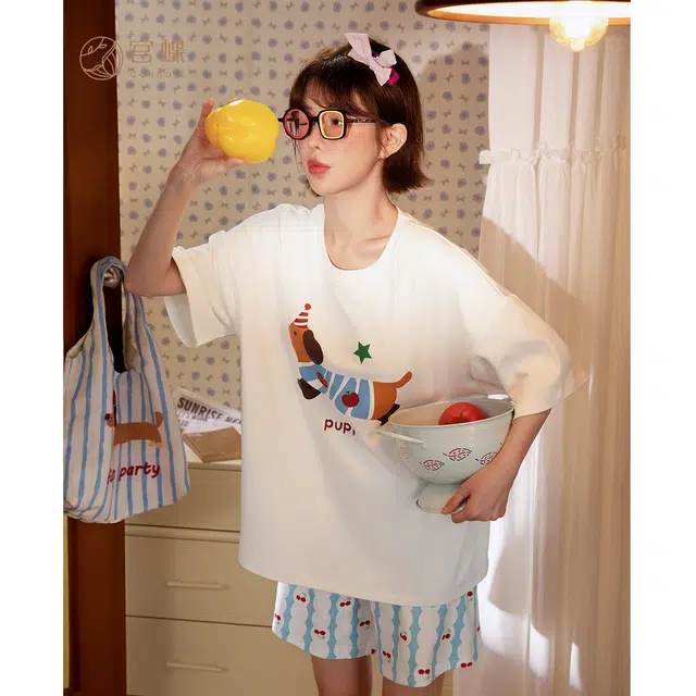 宫蝶 腊肠狗短袖纯棉卡通家居服休闲可外穿舒适甜美风三分裤夏季睡衣套装 女款 礼盒装