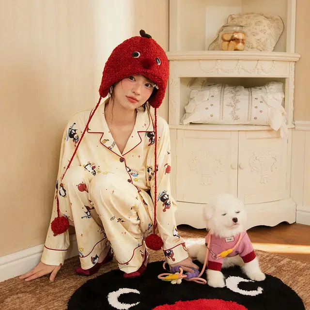 宫蝶 抗菌纯棉卡通长袖家居服可外穿宽松休闲开衫睡衣套装 女款