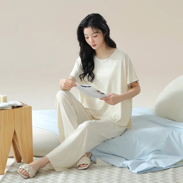 宫蝶 圆领套头舒适短袖上衣纯色中腰长裤睡衣套装 女款