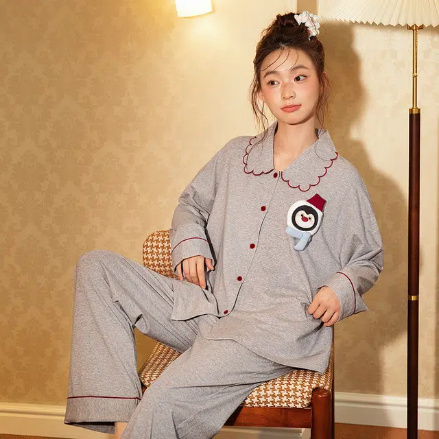 宫蝶 小企鹅纯棉长袖抗菌家居服休闲可外穿宽松开衫睡衣套装 女款