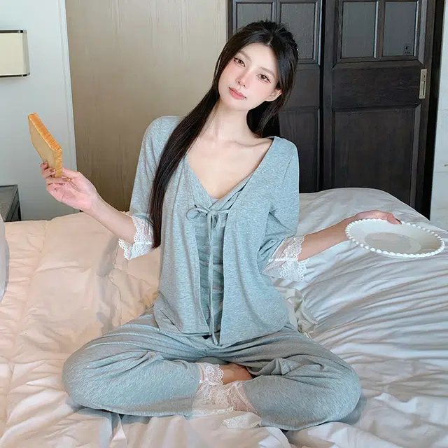 宫蝶 甜美风简约三件套七分袖家居服柔软休闲可外穿带胸垫小清新无袖吊带薄款夏季睡衣套装 女款